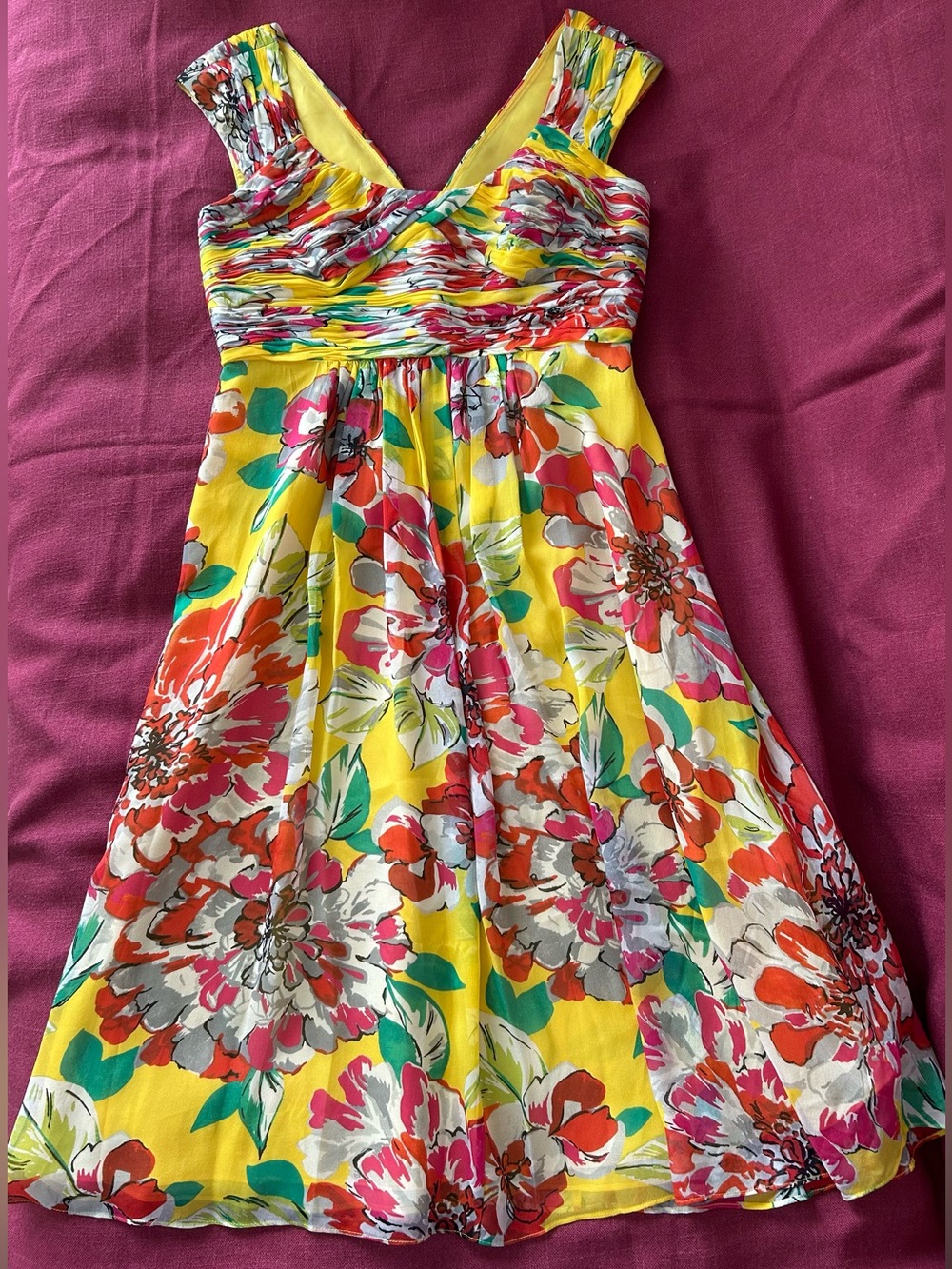 Bright Yellow Floral Sundress with Colorful Blooms Silk